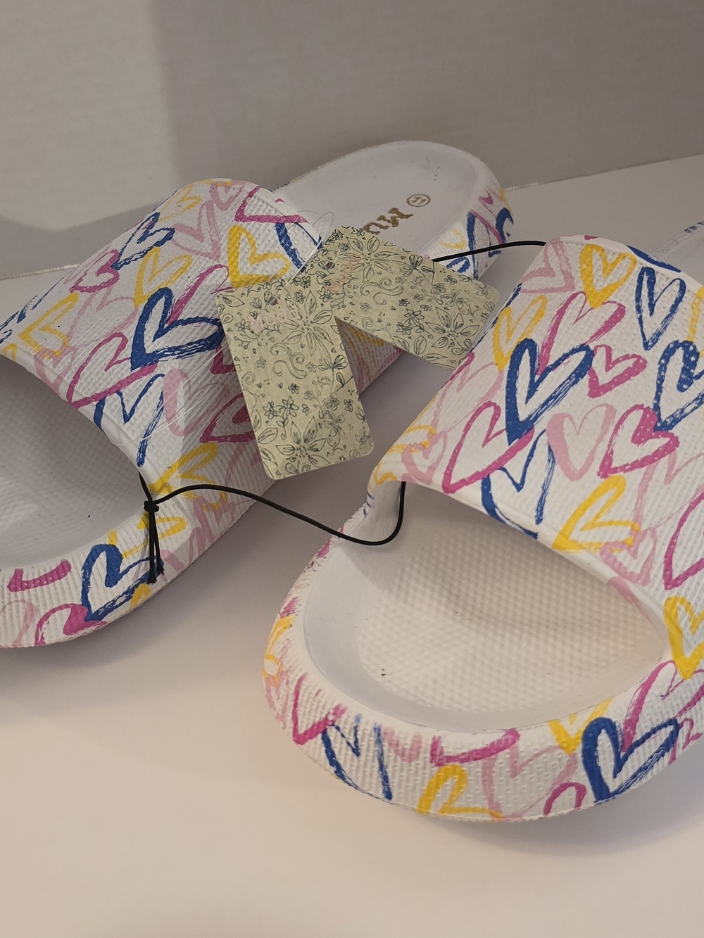 Mudd White Slip-On Sandals with Blue, Pink and Yellow Heart Print.  Slides.